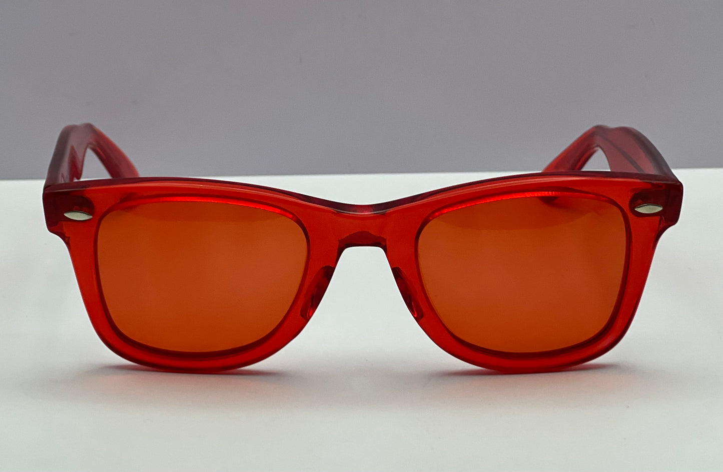 Vintage RED CHERRY Wayfarer Sunnies-USA Handmade with Brand New “Berko’s Designs” Custom Vermilion Lenses