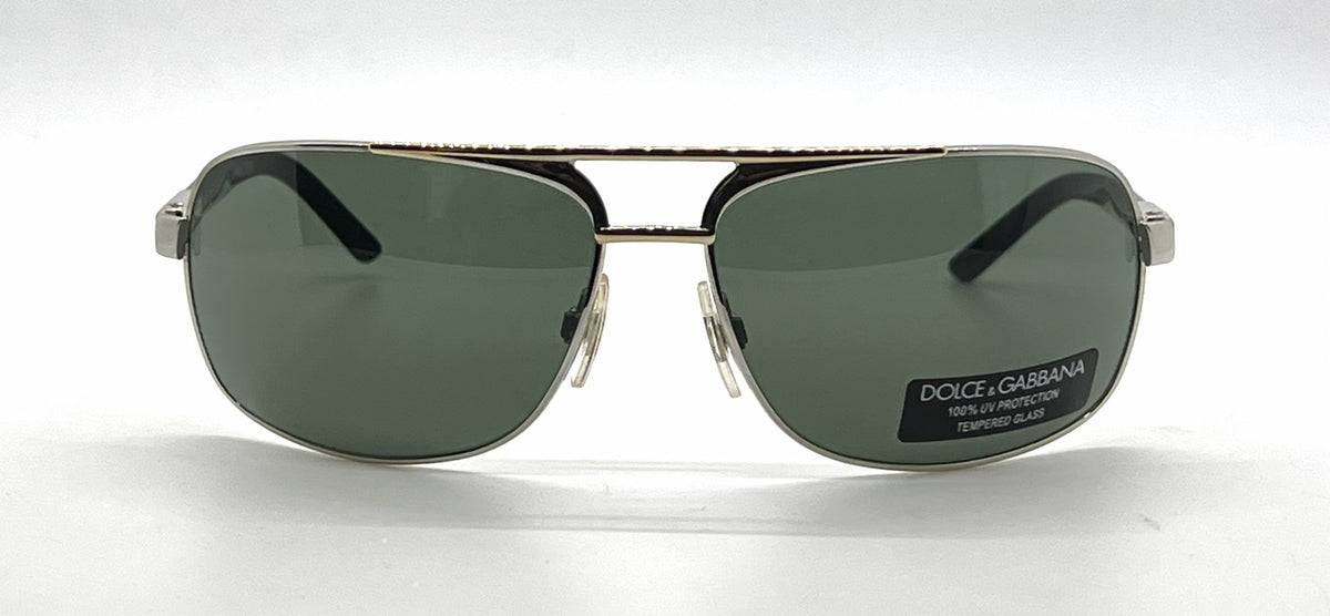 Dolce and Gabbana DG2049 265/31 Double-Bridge Aviator-Vintage Sunglasses Silver-Gold Green Lenses-Unworn