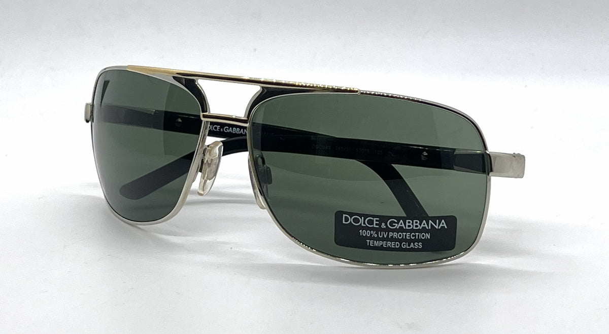 Dolce and Gabbana DG2049 265/31 Double-Bridge Aviator-Vintage Sunglasses Silver-Gold Green Lenses-Unworn