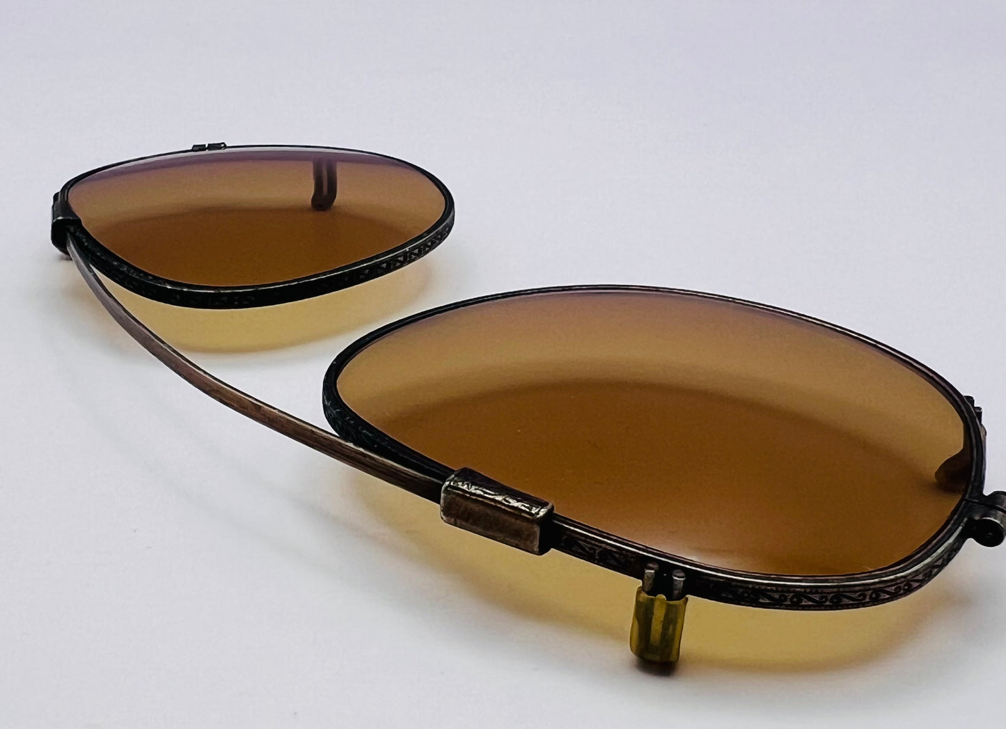 ANTIQUE 45mm ClipOn-Gold Engravings and Patina with Brand New Berko’s Designs Lenses™️ Custom Solid Persimmon Lenses