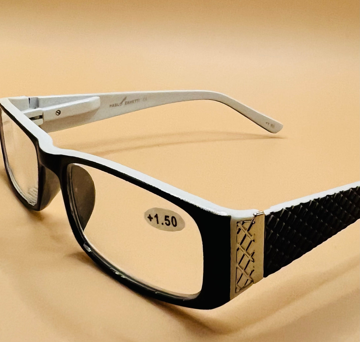 Pablo Zanetti Geometric Narrow Reading Glasses / Rectangular Frames / Spring Hinges / Silver Transition w/ Patterned Arms