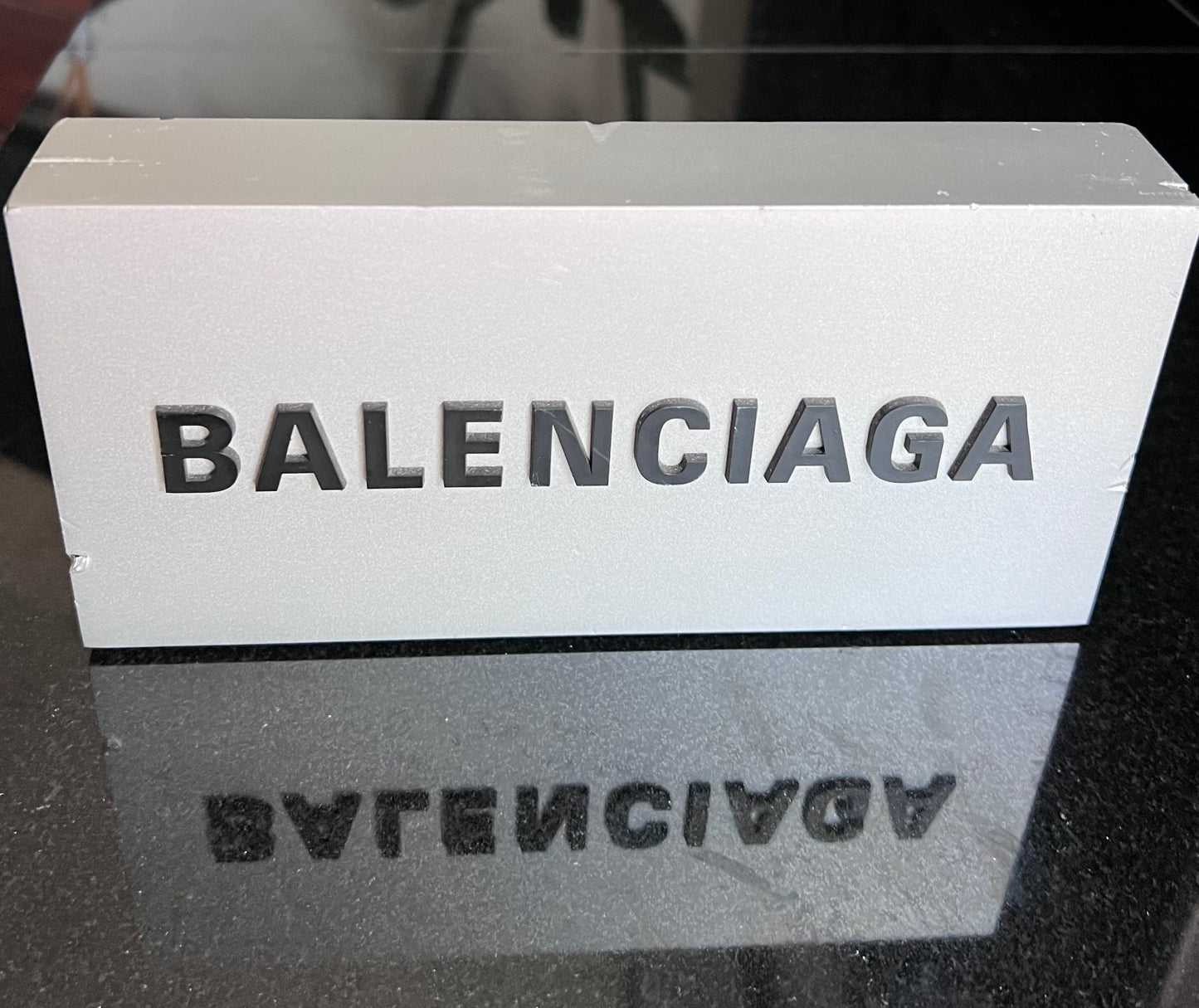 Balenciaga Metal Name Plate-Branded Countertop Display-Raised Lettering 8x4x1.25