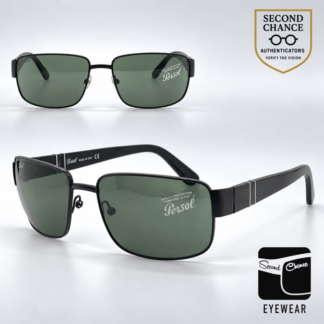 Persol 2230-S 594/31 Black Rectangular Sunglasses-Green Glass Lenses-Unworn