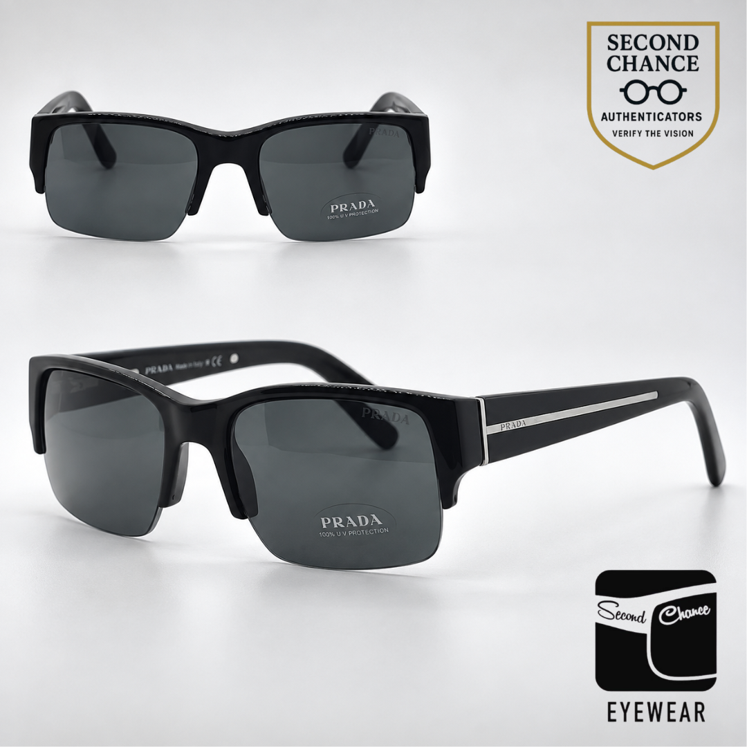Prada SPR30L 1AB-1A1 Black Semi-Rimless Vintage Sunglasses Grey Blue Lenses-Unworn