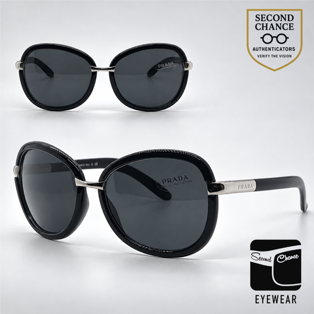 Prada SPR62L 6BA-1A1 Black Silver Rounded-Vintage Sunglasses-Unworn-Italy
