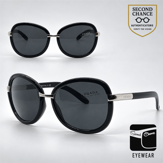 Prada SPR62L 6BA-1A1 Black Silver Rounded-Vintage Sunglasses-Unworn-Italy