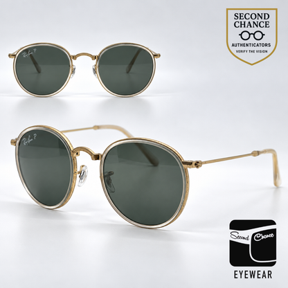 Ray-Ban RB3517 112/N5 Gold / Crystal Round Sunglasses-Green Polarized Lenses-Unworn