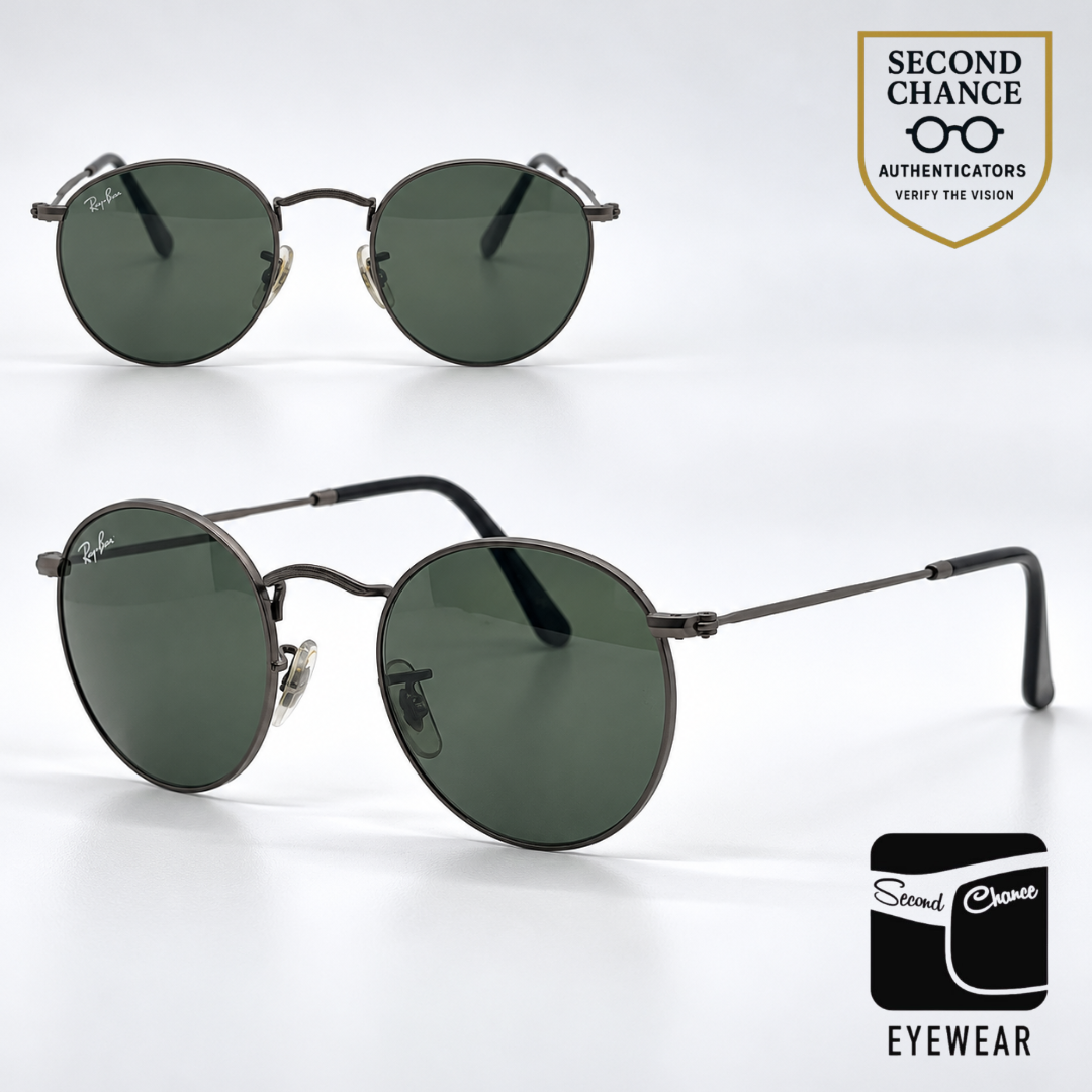 Ray-Ban Round Metal RB3447 Matte Gunmetal Round Sunglasses-G-15 Green Lenses-Unworn