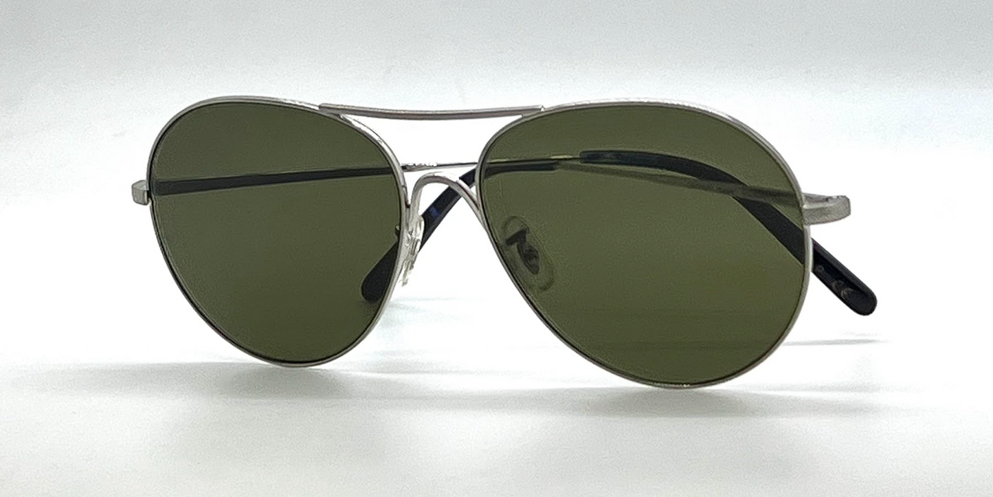 Oliver Peoples Rockmore OV1218S Silver Aviator Sunglasses Green Glass Lens