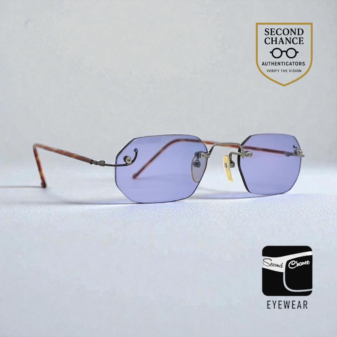 Vintage Rimless Sunglasses–Silver Frame–Solid Lavender Lenses–Made in Japan–Unworn