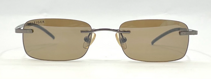 TOMMY HILFIGER TH 7007 Rimless Sunglasses–GUN Frame–Solid Brown Lenses–Unworn