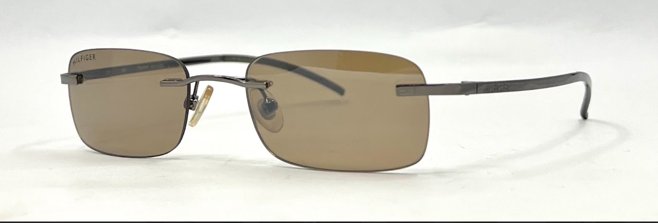 TOMMY HILFIGER TH 7007 Rimless Sunglasses–GUN Frame–Solid Brown Lenses–Unworn