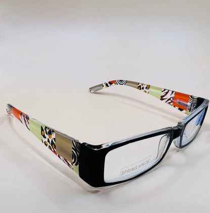 Sleek and stylish geometric narrow readers.  Featuring spring hinges in four colors with stylish arms and ultra thin Aspheric Lenses