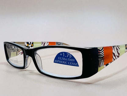 Sleek and stylish geometric narrow readers.  Featuring spring hinges in four colors with stylish arms and ultra thin Aspheric Lenses