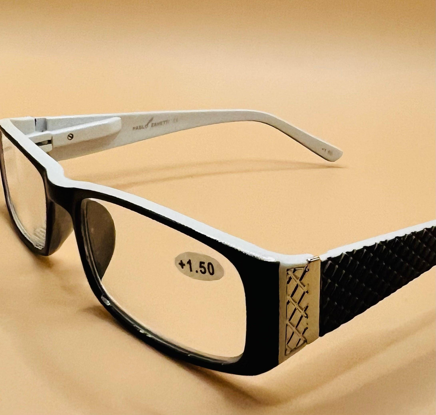 Pablo Zanetti Geometric Narrow Reading Glasses | Rectangular Frames | Spring Hinges | Silver Transition w| Patterned Arms