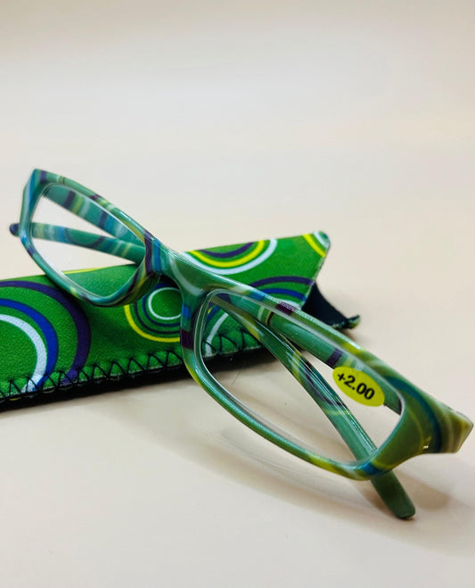 Brand New Geometric Narrow Readers. Green Design With Matching Case