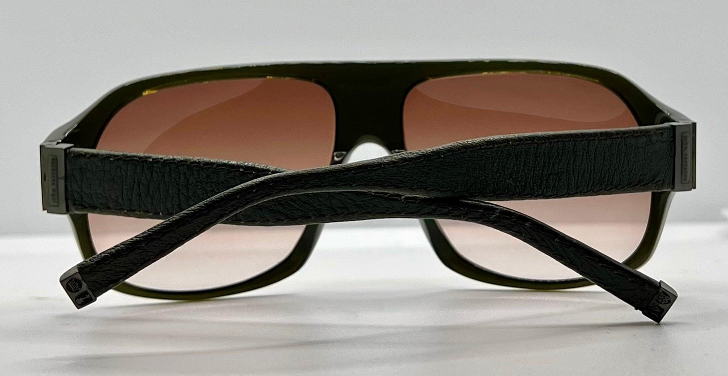 John Varvatos Leather Wrapped Aviator Sunglasses-Olive Frame-Brown|Rose Gradient Lenses