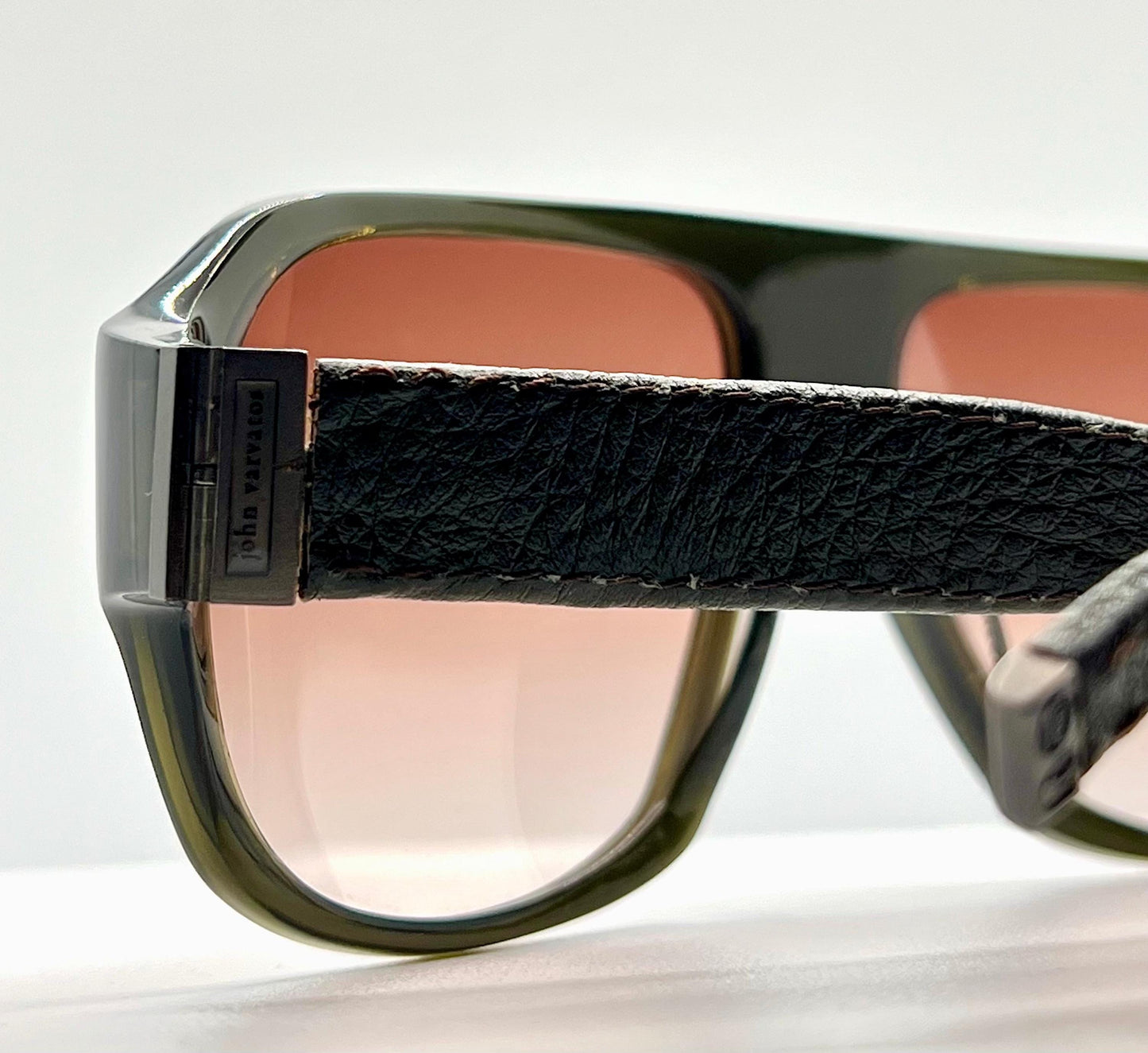 John Varvatos Leather Wrapped Aviator Sunglasses-Olive Frame-Brown|Rose Gradient Lenses