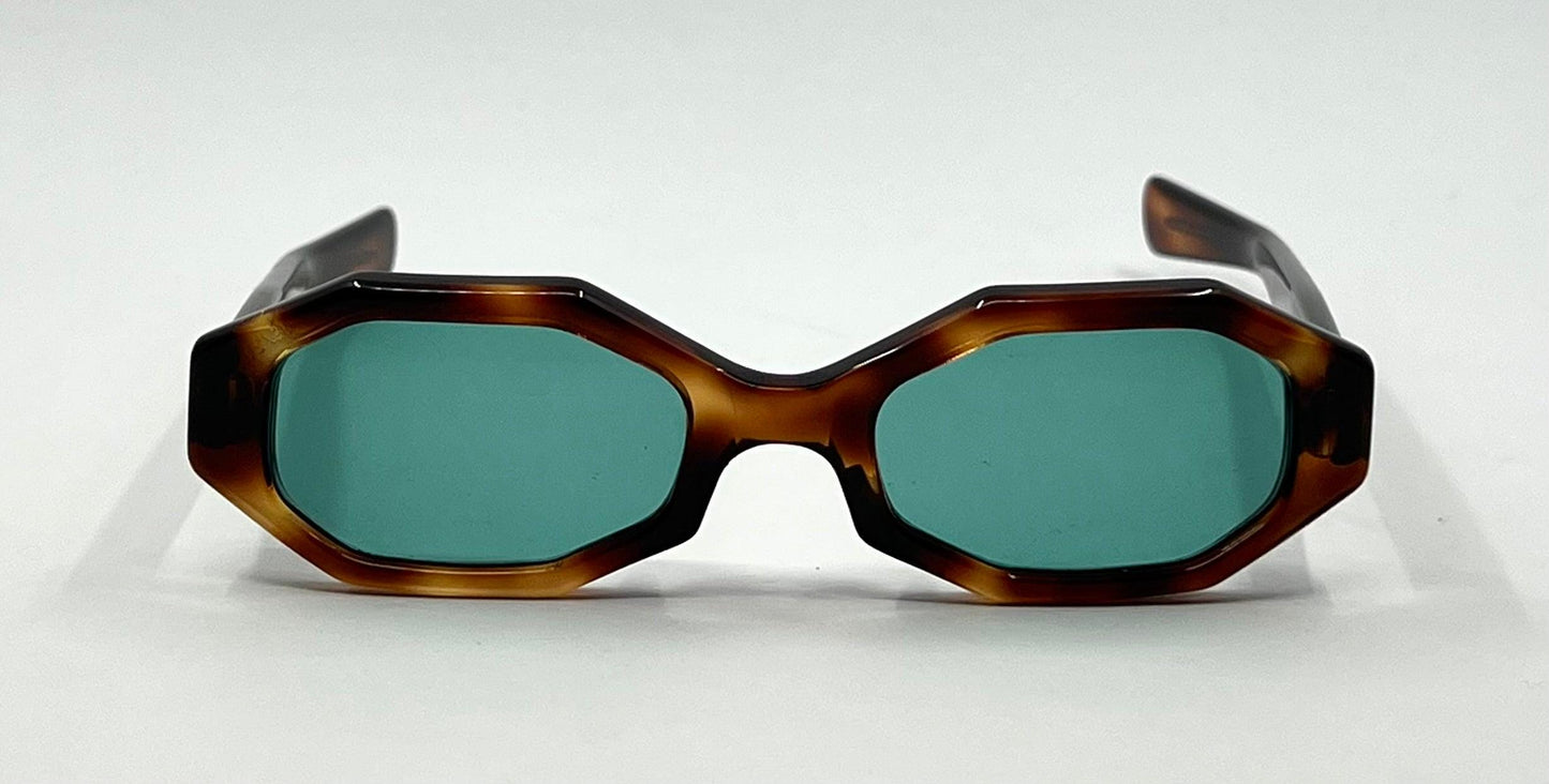 Twec Frame-Vintage French Octagonal Sunglasses W|New Solid Aqua Tinted Lenses-Paddle Temples-Unworn