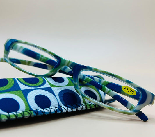 Brand New Geometric Narrow Readers. Featuring A Blue|Green Multi-Color Design With Matching Case