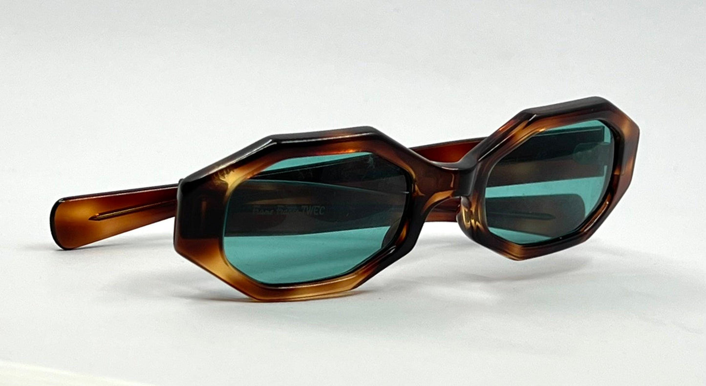 Twec Frame-Vintage French Octagonal Sunglasses W|New Solid Aqua Tinted Lenses-Paddle Temples-Unworn
