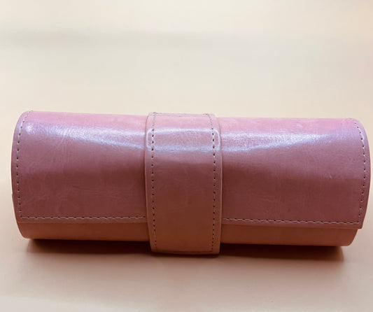 PINK LEATHER EYEWEAR CASE WOTH SECURE MAGNETIC STRAP CLOSURE